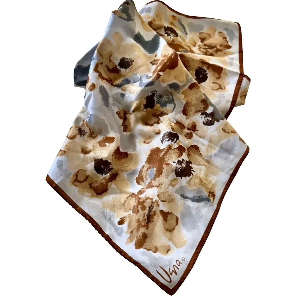 Vera Neumann Vintage Square Scarf Abstract Floral Caramel Brown Grey 20x20